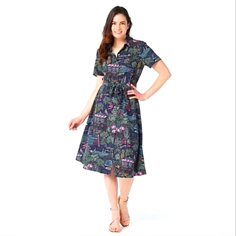 Denim & Co Flamingo Summer Printed Midi Shirt Dress Navy Sz XL-NWOT -A379732